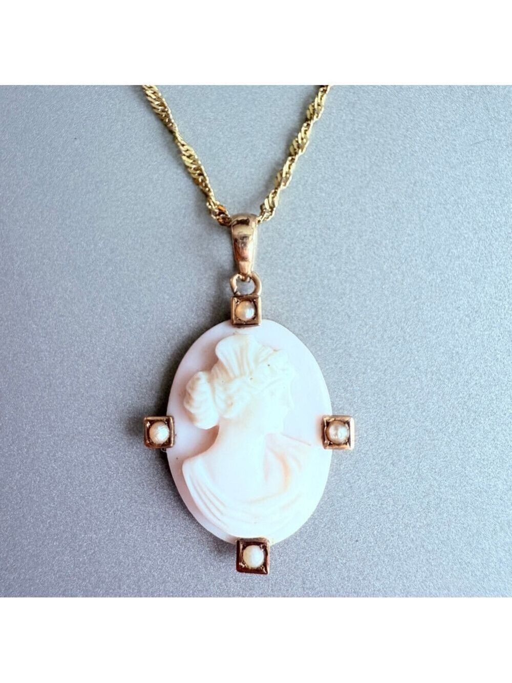 Estate Spencer Co 10k Yellow Gold High Relief Cameo Pearl Pendant 18k Necklace